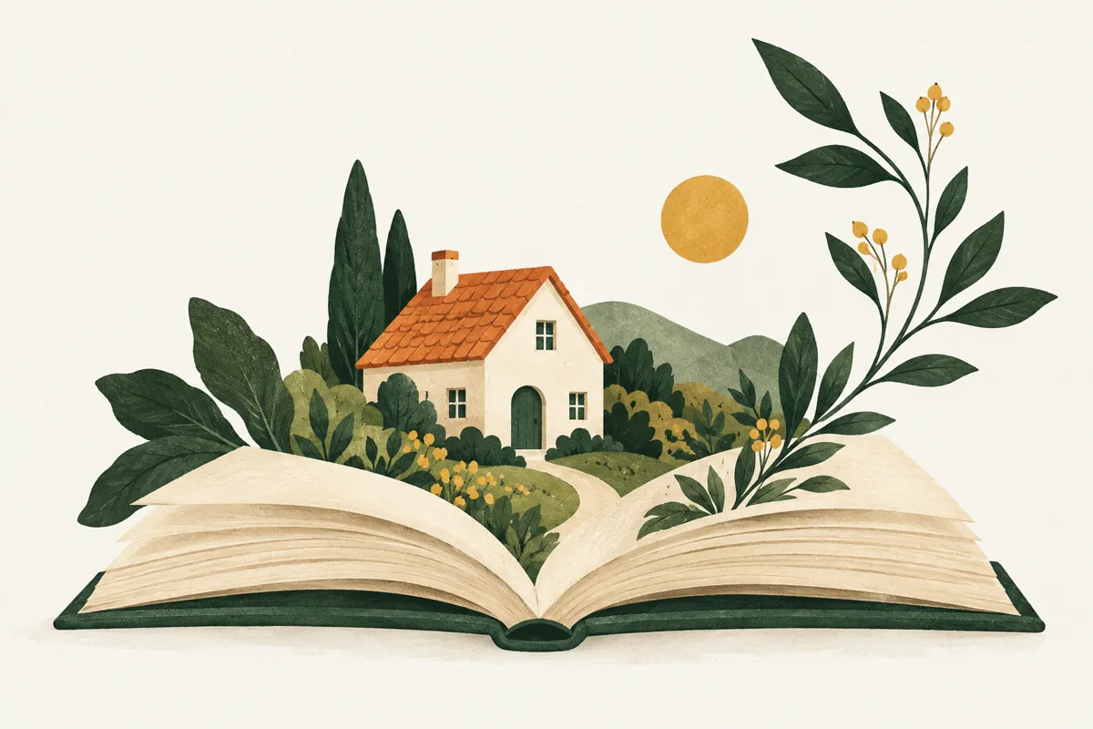 A welcoming cottage and garden growing from an open book.